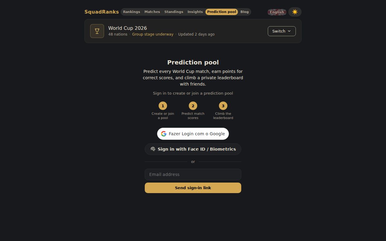 SquadRanks prediction pool sign-in screen with Google, passkey, and email link options