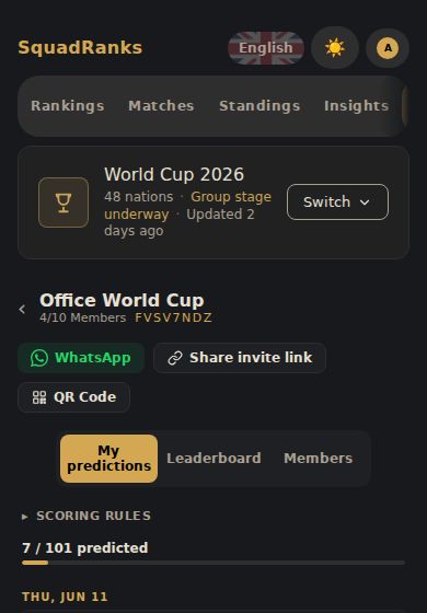 Pool detail on mobile showing the invite code and the WhatsApp, share link, and QR code buttons