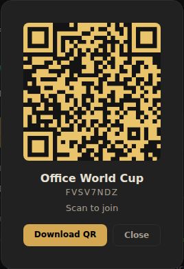 QR code modal with the pool name, invite code, and a download button